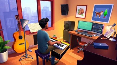 Сим в музыкальной студии играет на пианино, создавая песню в The Sims 4