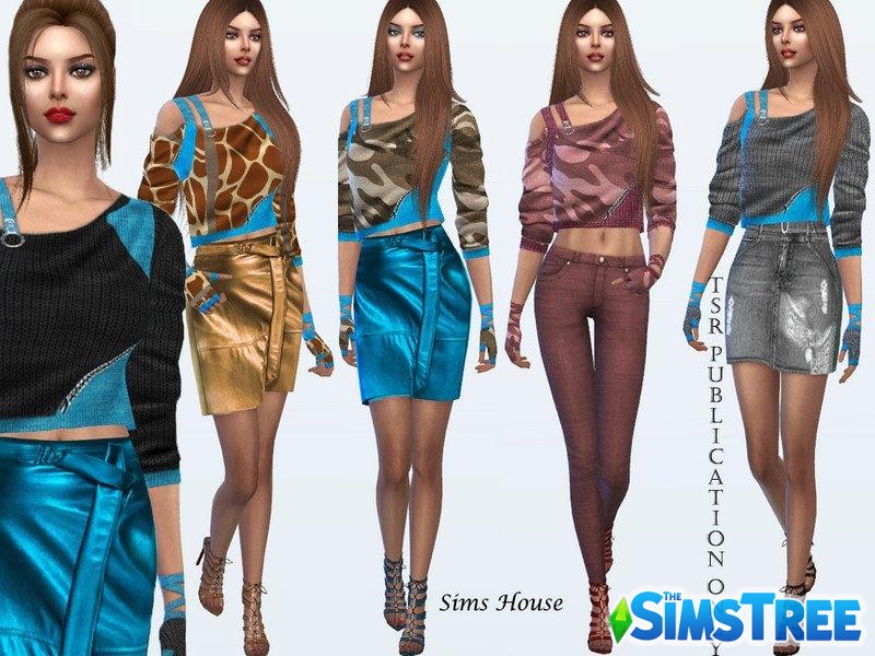 Короткий свитер с открытым плечом от Sims House для Sims 4